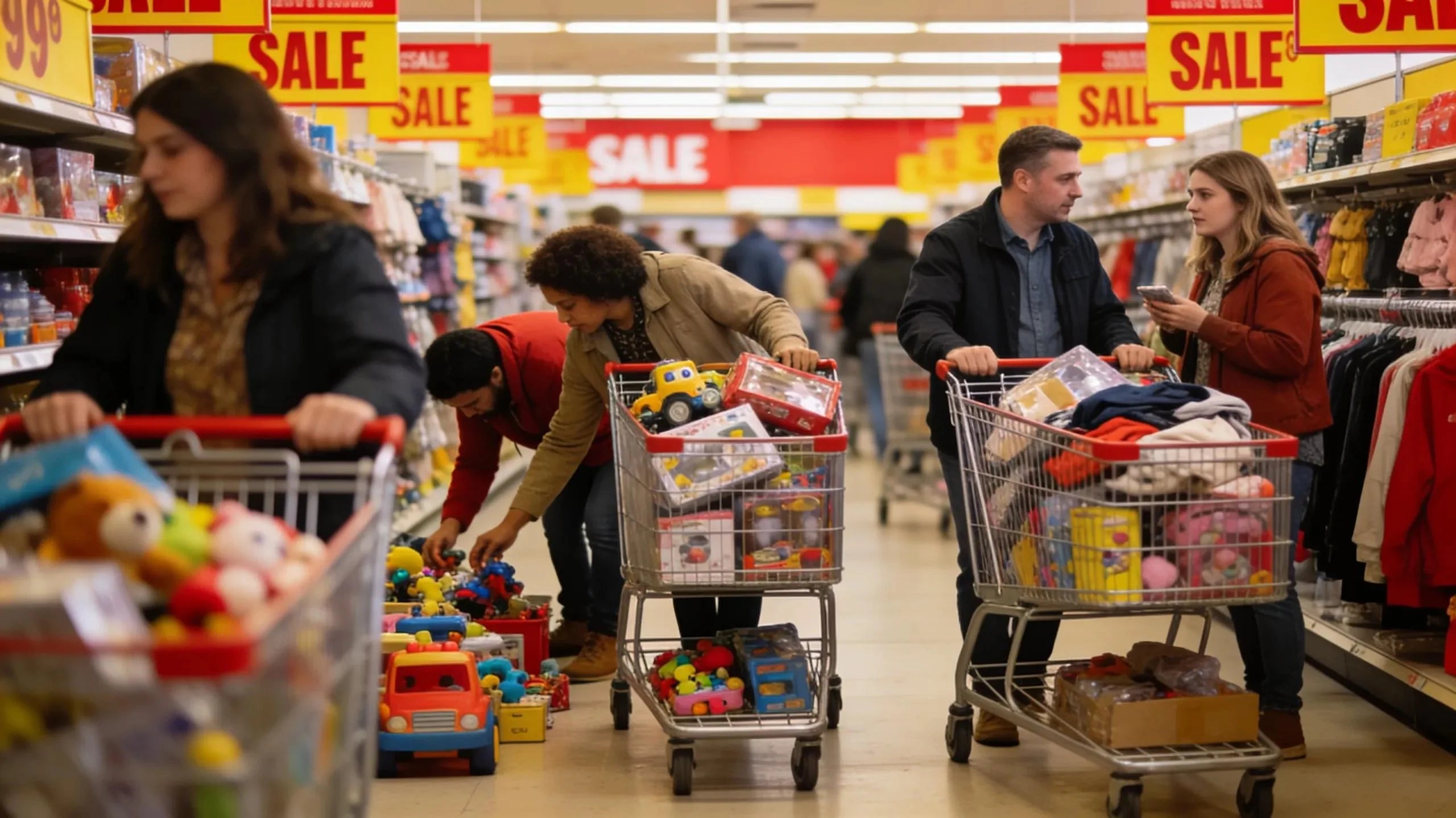 Bargain shoppers in a discount retail store with shopping carts filled with deals
